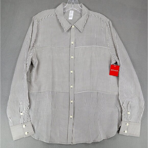 New Spanx 100% Silk Button-Down Shirt Size Large‎ Cedar True Ivory Stripe - Picture 1 of 8
